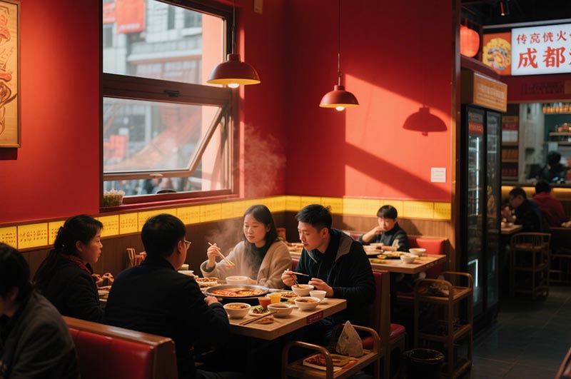 以紅、黃二色為例的川味火鍋店裝修效果圖
