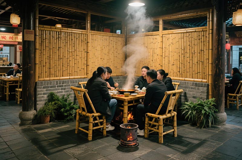 采用竹、木、青磚等傳統(tǒng)材質(zhì)的火鍋店裝修效果圖