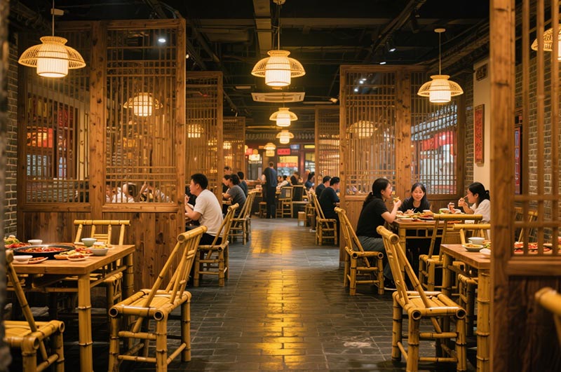 采用竹、木、青磚等傳統(tǒng)材質(zhì)的火鍋店裝修效果圖